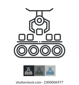 Lineares Vektorsymbol mit automatischer Fabrikausrüstung. Industriemaschinen, automatisierte Produktionslinie.