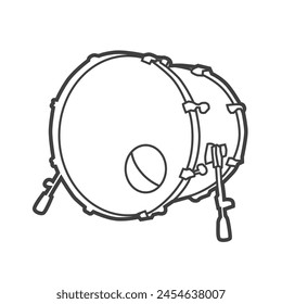 Icono lineal de Vector de un bombo accionado por un pedal. Ilustración en blanco y negro en estilo line art, que representa un instrumento musical.