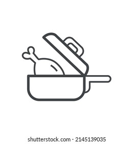 Vector linear icon with boiled chicken in saucepan