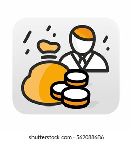 Vector linear icon with businessman, coins and bag of money.