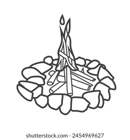 Vector linear icon of a campfire, representing a tourism-related item. Black and white line drawing of an outdoor fire for camping.