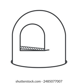 A vector linear icon of a cat igloo house. The igloo is simple, black and white, and designed in a minimalist line art style.