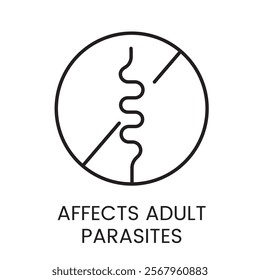 A vector linear icon of a circle with a stylized parasite divided by intersecting lines, representing the effect on adult parasites with an editable stroke