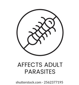 A vector linear icon of a circle with a zoomed view of a parasite silhouette, representing the effect on adult parasites with an editable stroke