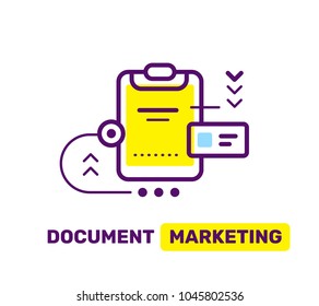 Vector linear icon of color clipboard office document holder on white background with text. Flat line art business abstract design for web, site, advertising, banner
