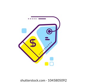 Vector Linear Icon Of Color Price Tag On White Background With Dollar Sign. Flat Line Art Business Abstract Design For Web, Site, Advertising, Banner