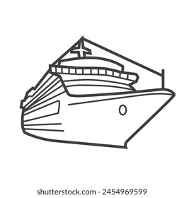 Vector linear icon of a cruise ship, representing a tourism-related item. Black and white line drawing of a large passenger vessel.