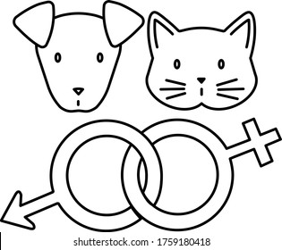 Vector linear icon of cute dog, cat, and veterinary sterilization symbol, isolated on white background
