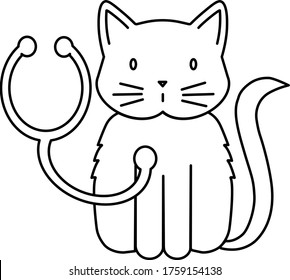 Vector linear icon of cute sitting cat with veterinarian stethoscope, isolated on white background