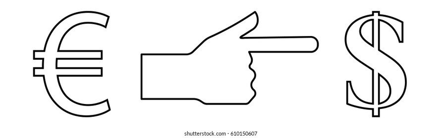 Vector linear icon depicting a hand with an extended index finger showing the way from euro to dollar, for an exchange office,line style