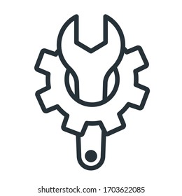 Vector linear icon with gear wheel and square spanner.