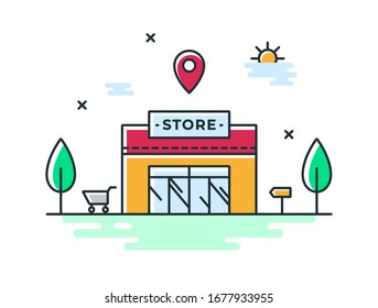 Vector linear icon of a grocery store or supermarket. Color illustration of a shop geolocation with geotag.