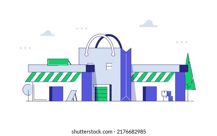 Vector linear icon of a grocery store or supermarket. Illustration of a shop geolocation with geotag