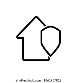Vector linear icon of a house with a shield. Home protection icon in flat style. Outline of a house with a shield. Vector illustration.