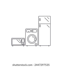 Vector linear icon with household appliances and electronics on a white background.