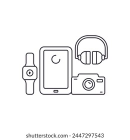 Vector linear icon with household appliances and electronics on a white background.