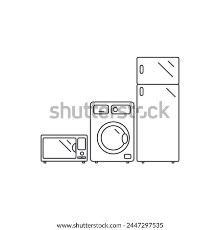 Vector linear icon with household appliances and electronics on a white background.