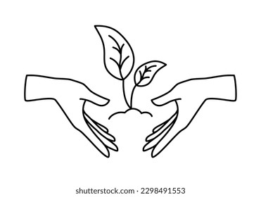 Vector linear icon - human hand holding growing plant isolated on white background. Concept emblem or logo design of ecology, nature world protection, eco friendly, world, recycling. Editable stroke