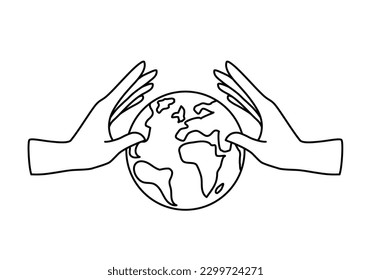 Vector linear icon - human hand holding Earth isolated on white background. Concept emblem or logo design of ecology, nature world protection, eco friendly, green world, recycling. Editable stroke
