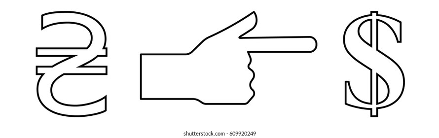 Vector linear icon with the image of the hand with an extended index finger indicating the exchange of the hryvnia to the dollar.