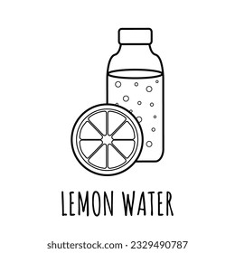 Vector linear icon with the inscription "Lemon water" isolated on a white background. Water. Illustration with a bottle of water and a lemon. Symbol for the Internet and mobile devices