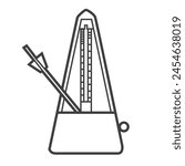 Vector linear icon of a metronome, a device for maintaining a steady tempo. Black and white illustration in line art style, depicting a musical tool.