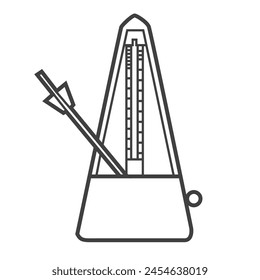 Vektorgrafik-Linearsymbol eines Metronoms, eine Vorrichtung zur Aufrechterhaltung eines gleichmäßigen Tempos. Schwarz-Weiß-Illustration im Linienart-Stil, die ein musikalisches Werkzeug darstellt.