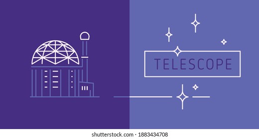 Vector linear icon observatory. Thin line contour symbol of telescope for astronomy science emblem, astrophysics concept logo design. Contour illustration telescope building in trendy minimal style.