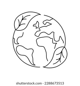 Vector linear icon - planet Earth with leaves isolated on white background. Concept emblem or logo design of ecology, nature world protection, eco friendly, green world, recycling. Editable stroke