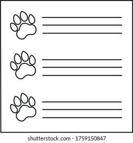 Vector linear icon of price or list with paw symbols for veterinarian website, isolated on white background