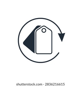 Vector linear icon a price tag replacement with a circular refresh arrow. Represents price adjustment, seasonal sale discount update, item repricing, cost markdown, retail promotional offer, markdown revision, and tag change. E-commerce dashboards, shopping apps, store promotions.