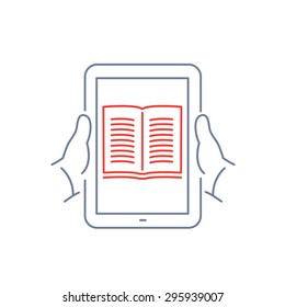 Vector linear icon with reading gesture on tablet screen | flat design thin line blue and red modern illustration and infographic isolated on white background