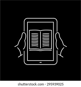 Vector linear icon with reading gesture on tablet screen | flat design thin line white modern illustration and infographic isolated on black background