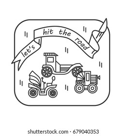 Vector linear icon with retro cars and flag.