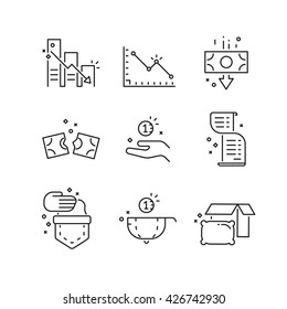 Vector Linear Icon Set, Economic Problems, Poverty, Financial Crisis, Currency Drop