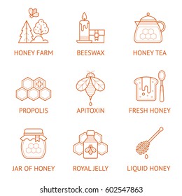 Vector linear icon set with honey and beekeeping product signs.