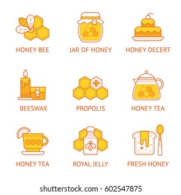 Vector linear icon set with honey and beekeeping product signs.