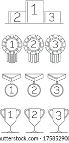Vector linear icon set, reward medals and cups for competition, isolated on white background
