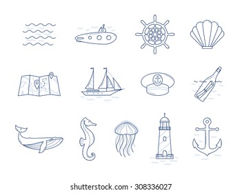 Vector linear icon set. Sailing, sea life, whale, seahorse, jellyfish, boat, submarine, lighthouse, seashell icons.