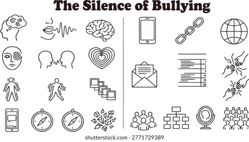 Vector linear icon set of social bullying, harassment, and psychological impact. Unique abstract fragmented line style representing mental stress, emotional distress, and communication breakdown. Minimalist conceptual icons for mental health awareness, educational brochures, and social advocacy campaigns.