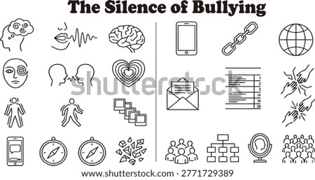 Vector linear icon set of social bullying, harassment, and psychological impact. Unique abstract fragmented line style representing mental stress, emotional distress, and communication breakdown. Minimalist conceptual icons for mental health awareness, educational brochures, and social advocacy campaigns.