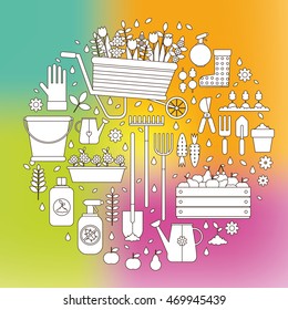 Vector linear icon set . tools for gardening, spade, hoe, rake, watering can, bucket, fertilizer for crops, insect repellent and pests. Garden set with flowers and vegetables in pots. Elements