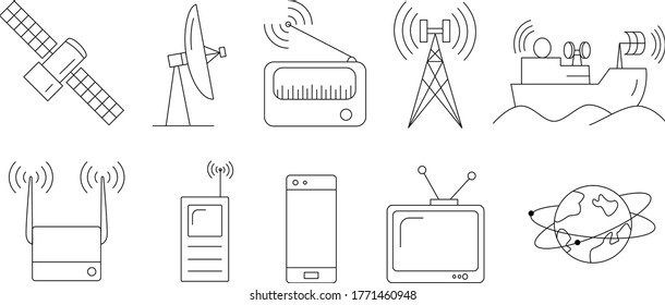vector linear icon set, wireless technology connection: satellite, dish, feeder, radio, radio tower, ship, router, walkie talkie, cordless telephone, cell phone, television, internet