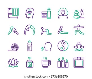 Vector linear icon set of yoga lifestyle, accessories and asana. Outline symbol collection of body healthcare, meditation, awareness, lotus, candles, relax. Modern thin line elements for website