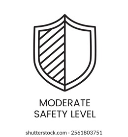 A vector linear icon of a shield split into two sections, with one half filled with diagonal lines, representing a moderate safety level with an editable stroke