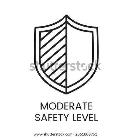 A vector linear icon of a shield split into two sections, with one half filled with diagonal lines, representing a moderate safety level with an editable stroke