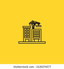 Vector linear icon with skyscrapers and a crane on a yellow background. Construction and design of offices and residential buildings. The emblem of a skyscraper and a crane. Life in a big city.