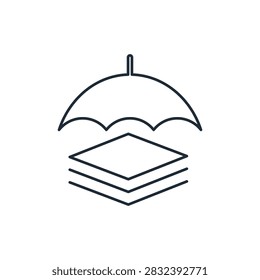 Vector linear icon stacked data layers protected under an umbrella canopy.  Multi-layer data security, comprehensive insurance coverage, cloud database safety, system backup protection, and risk management.  IT infrastructure, software architecture, finance, insurance platforms.
