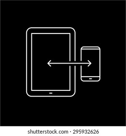 Vector linear icon with syncing tablet and smart phone | flat design thin line white modern illustration and infographic isolated on black background