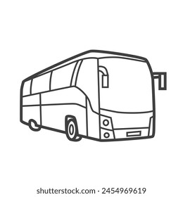 Vector linear icon of a tour bus, representing a tourism-related item. Black and white line drawing of a sightseeing vehicle.